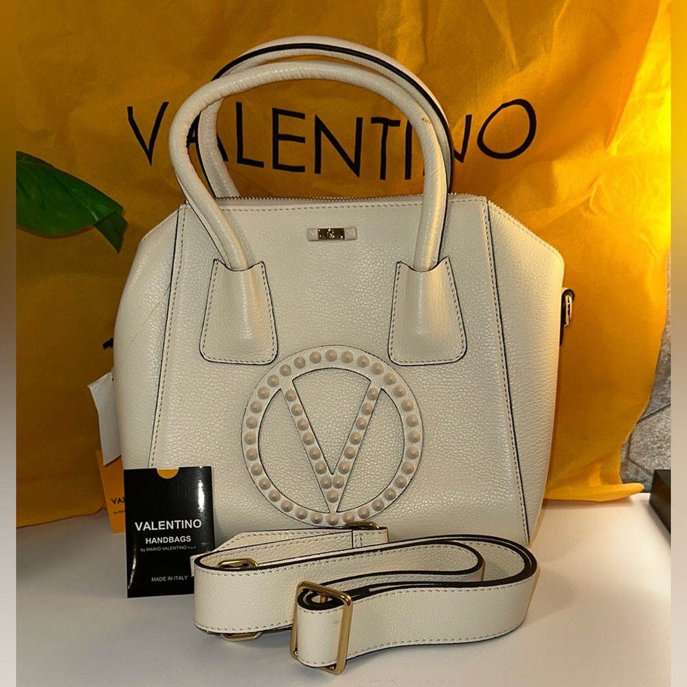 Valentino Cream Minimi Rock Convertible Satchel w Studded Logo Detachable Strap